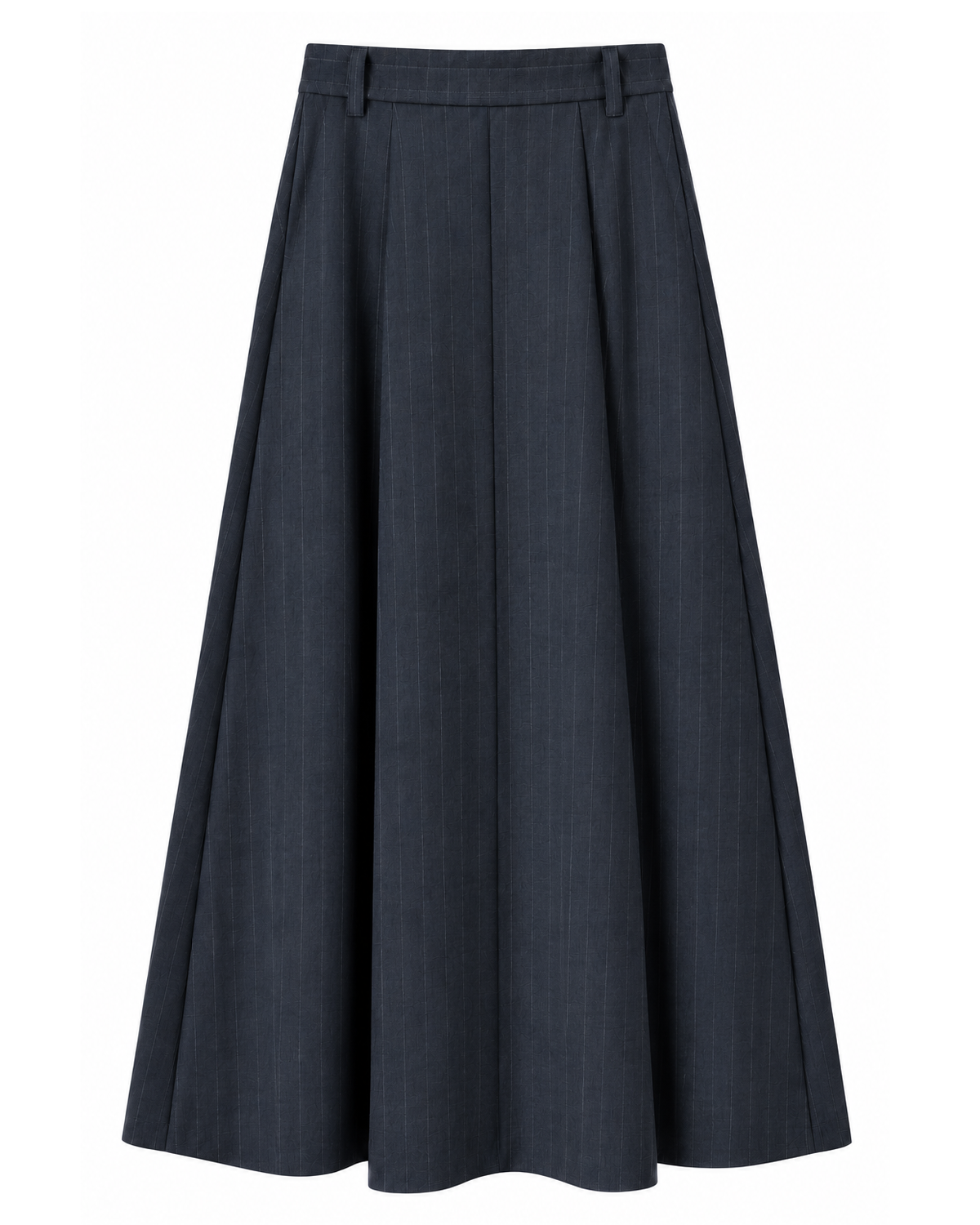A dark navy blue pleated midi skirt with a structured waistband, shown against a plain white background.