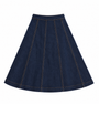 A dark blue denim A-line skirt with vertical seam detailing and contrast stitching, shown flat against a solid white background.