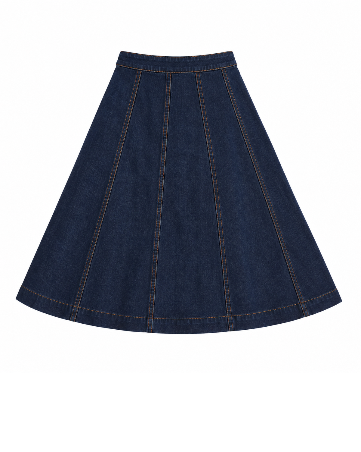 A dark blue denim A-line skirt with vertical seam detailing and contrast stitching, shown flat against a solid white background.