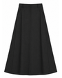 A black A-line midi skirt with a structured waistband and front center seam, shown flat against a plain white background.