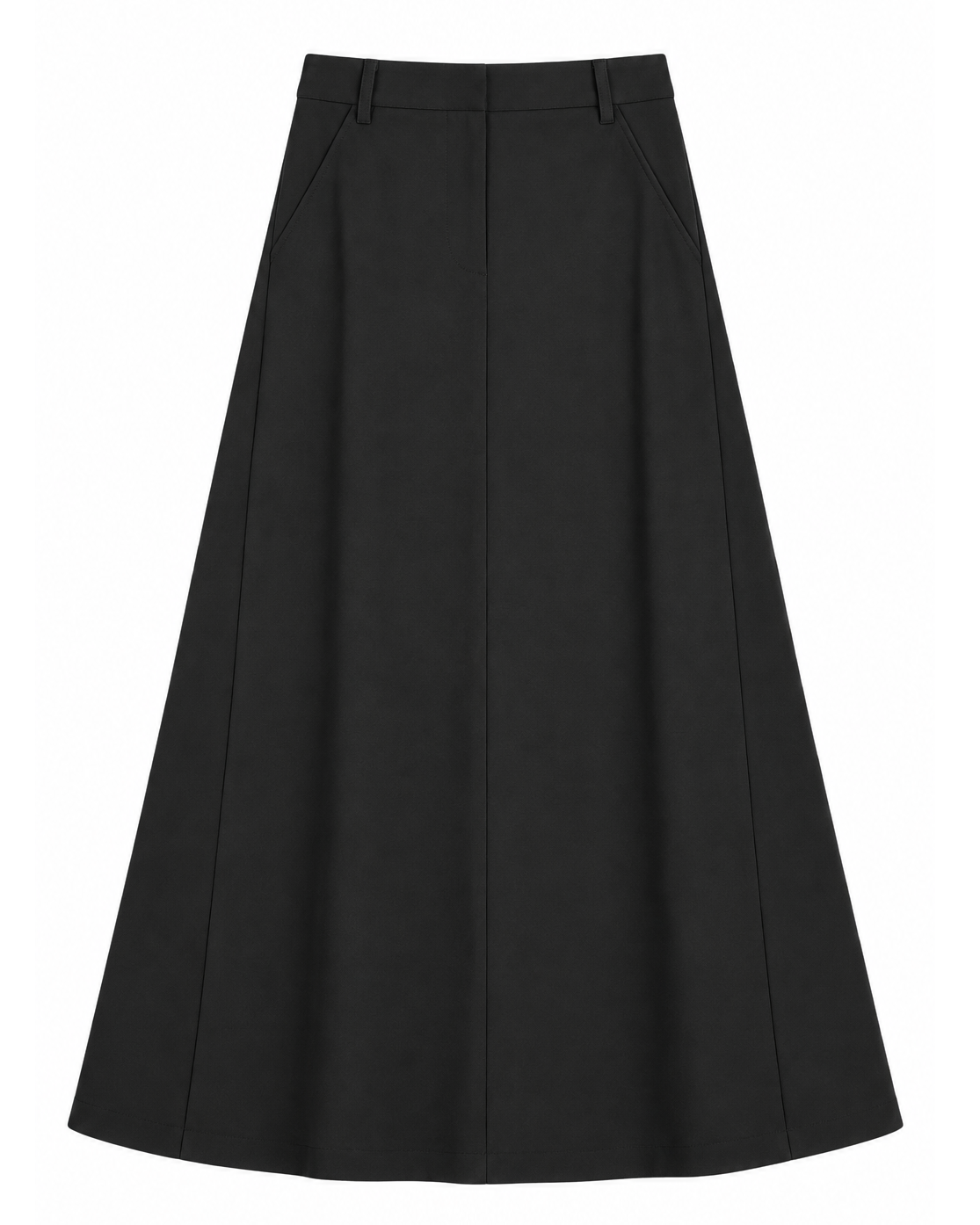 A black A-line midi skirt with a structured waistband and front center seam, shown flat against a plain white background.