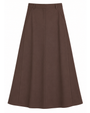 A brown A-line midi skirt with a straight waistband and front seam, shown flat against a solid white background.