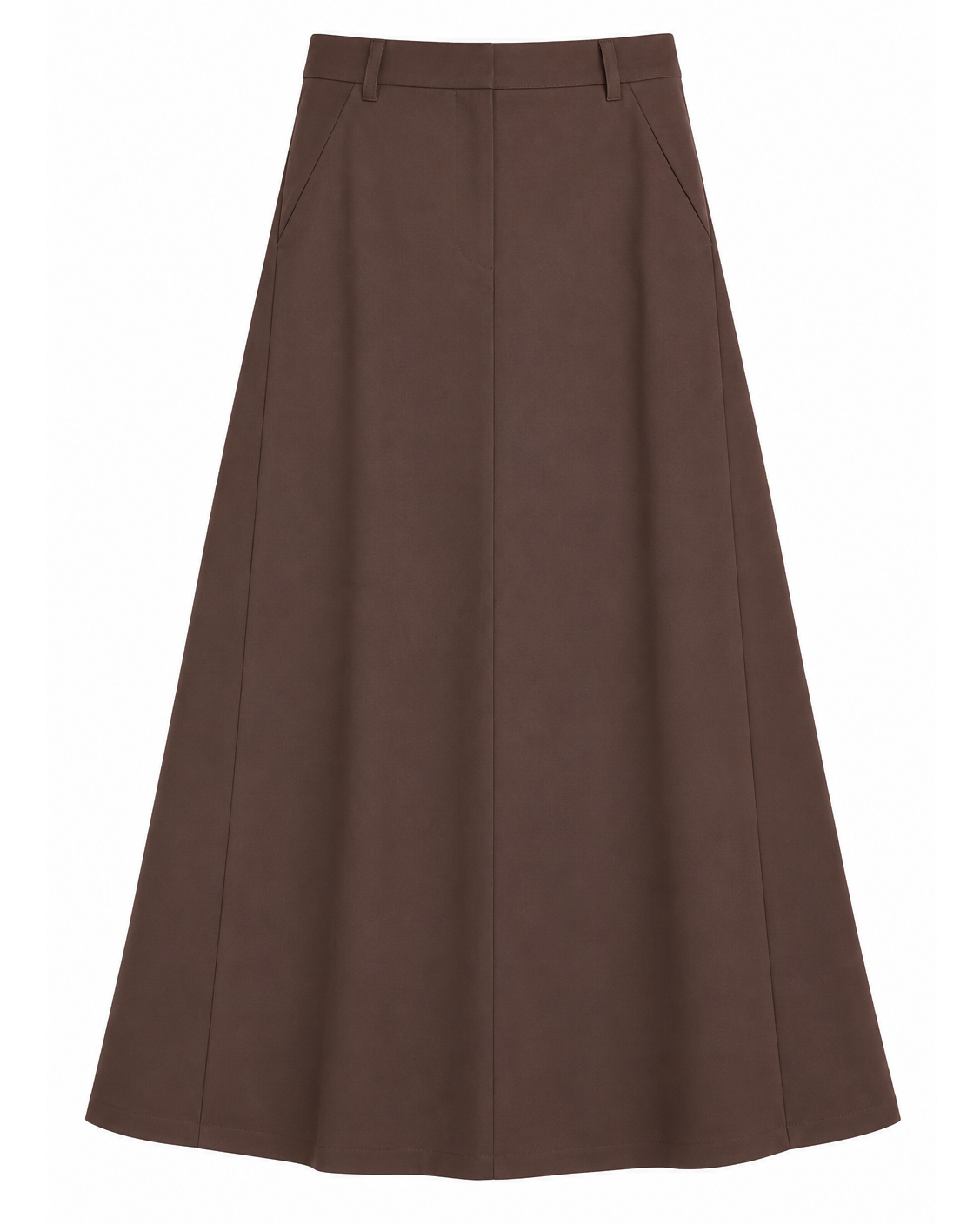 A brown A-line midi skirt with a straight waistband and front seam, shown flat against a solid white background.