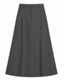 A dark gray A-line skirt with a structured waistband, front crease, and side pockets, shown flat against a plain white background.