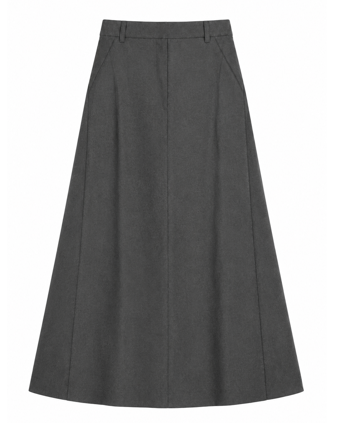 A dark gray A-line skirt with a structured waistband, front crease, and side pockets, shown flat against a plain white background.