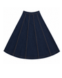 A dark blue denim A-line skirt with vertical seam detailing and contrast orange stitching, shown flat against a solid white background.