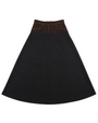 A black A-line skirt with a contrasting dark brown waistband featuring faux pocket details, shown flat against a white background.