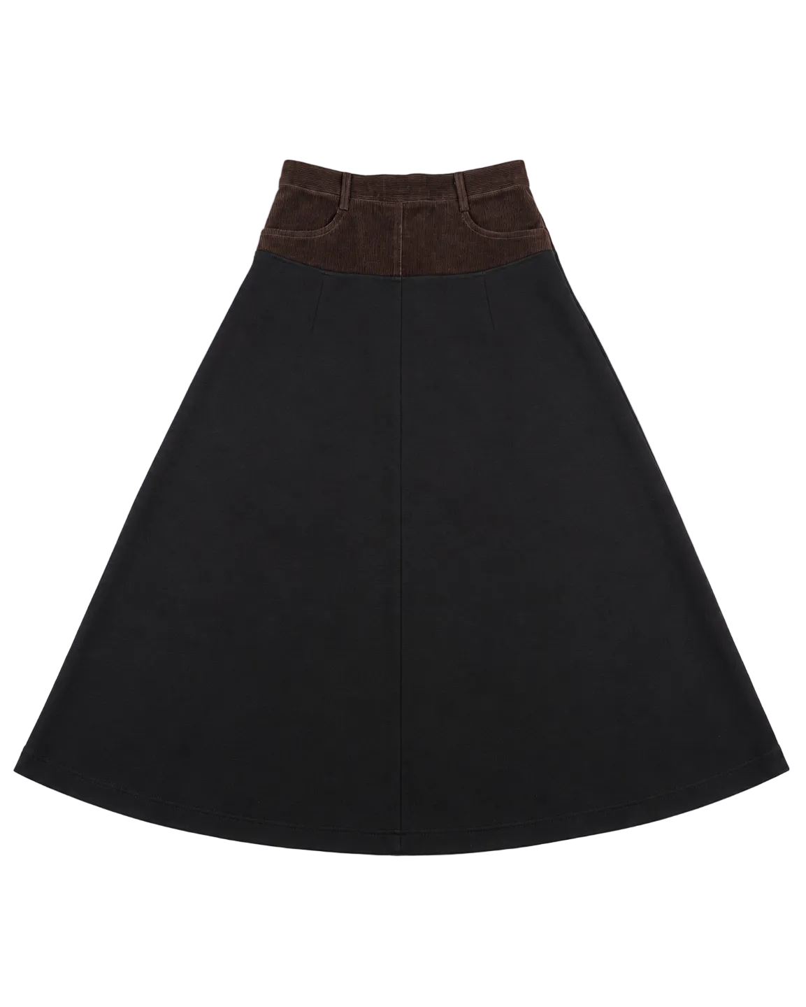 A black A-line skirt with a contrasting dark brown waistband featuring faux pocket details, shown flat against a white background.