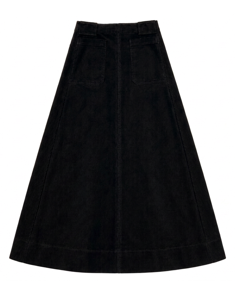 Black corduroy maxi skirt on a white background. 
