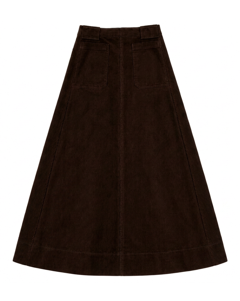 brown corduroy maxi skirt on a white background. 