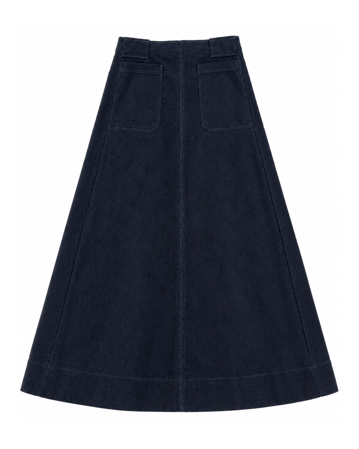 Navy corduroy maxi skirt on a white background. 