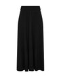 A solid black midi skirt with a wide waistband and a straight, flowing silhouette, shown against a plain white background.