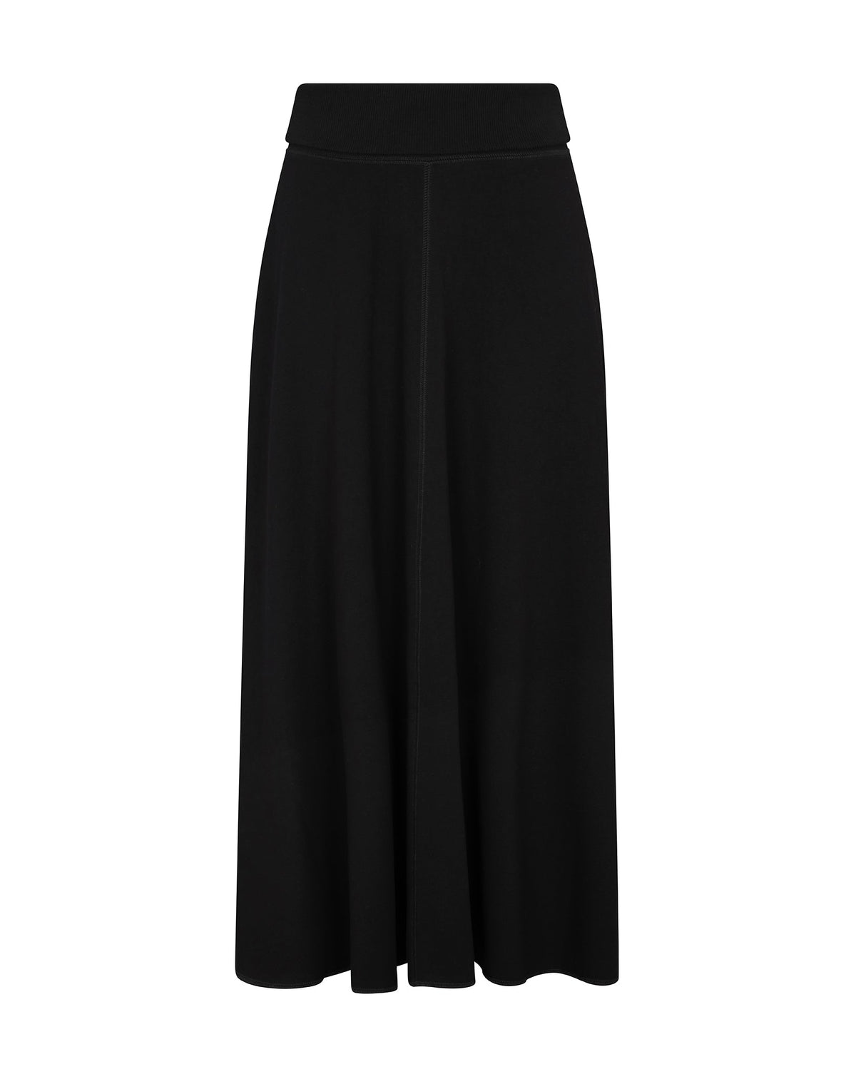 A solid black midi skirt with a wide waistband and a straight, flowing silhouette, shown against a plain white background.