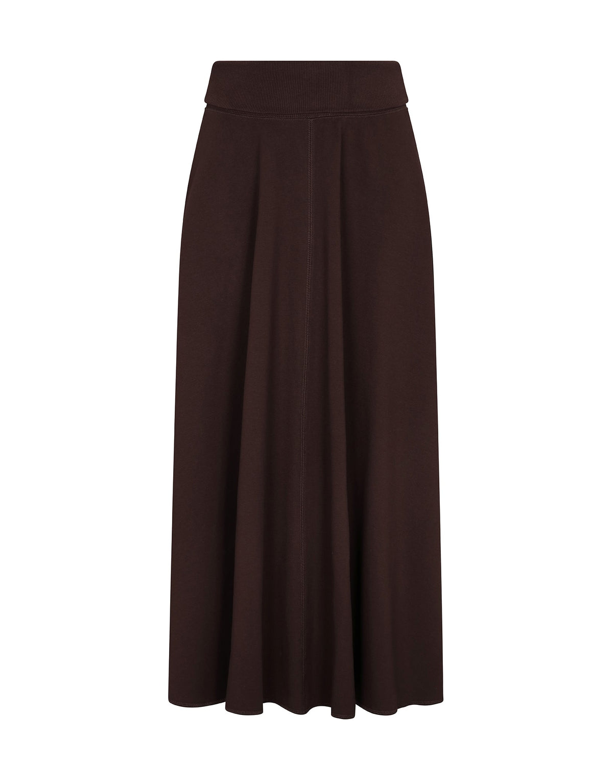 A dark brown pleated midi skirt with a wide waistband, shown against a plain white background.