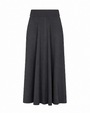 A dark charcoal gray knit midi skirt with a wide waistband and a flared, pleated silhouette, shown against a plain white background.