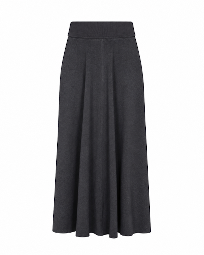 A dark charcoal gray knit midi skirt with a wide waistband and a flared, pleated silhouette, shown against a plain white background.