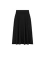 A black pleated A-line midi skirt with a wide waistband, shown flat on a solid white background.