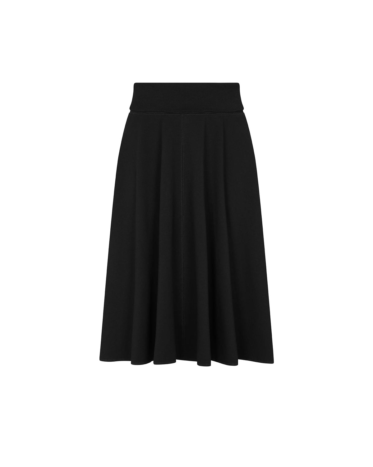 A black pleated A-line midi skirt with a wide waistband, shown flat on a solid white background.