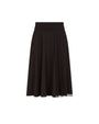 A dark brown pleated A-line skirt with a wide waistband, shown against a plain white background.