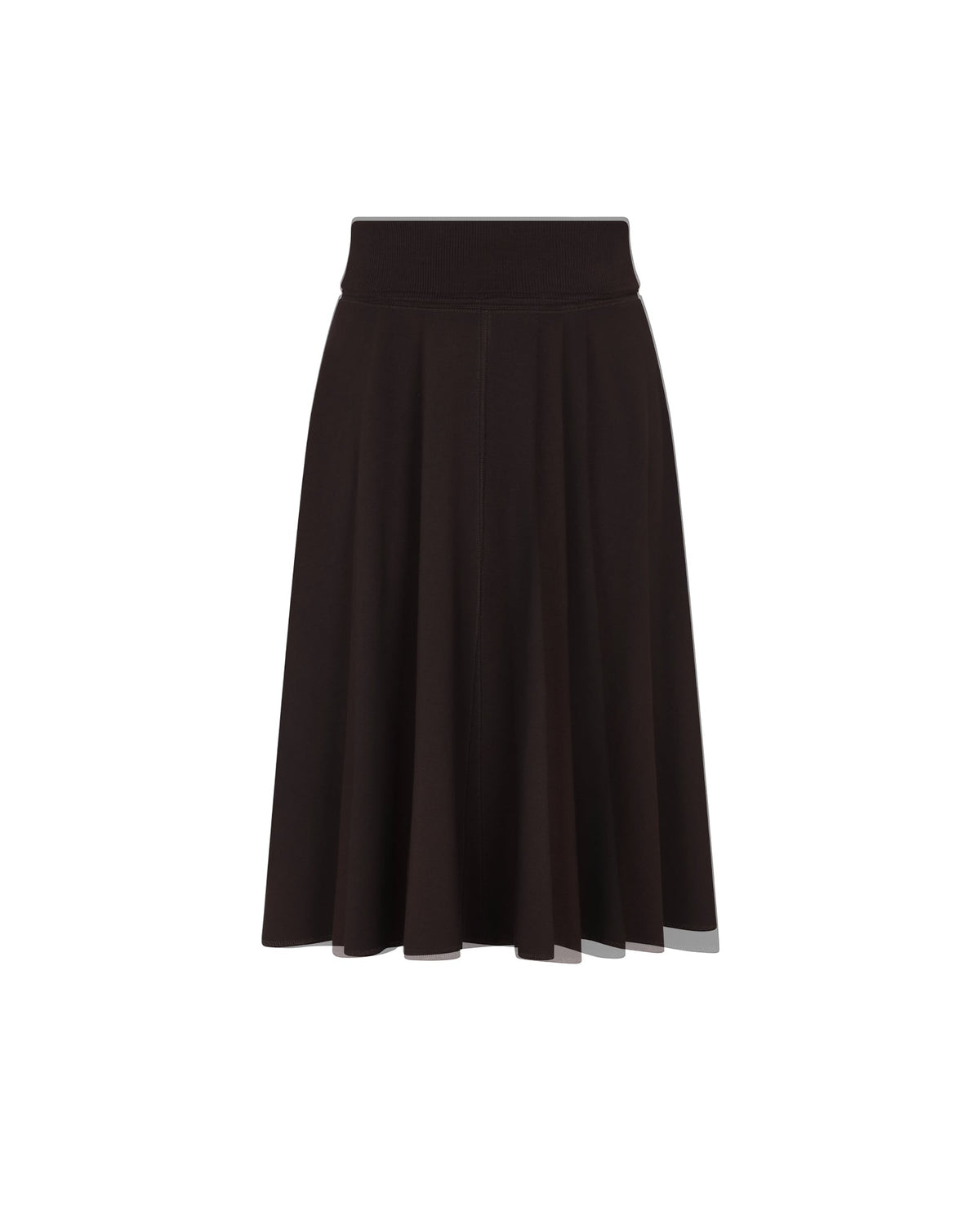 A dark brown pleated A-line skirt with a wide waistband, shown against a plain white background.