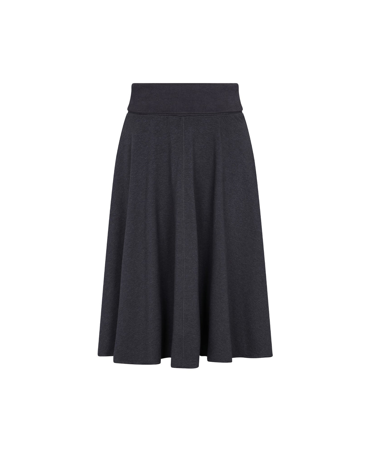 A dark charcoal gray pleated A-line skirt with a wide waistband, shown against a plain white background.