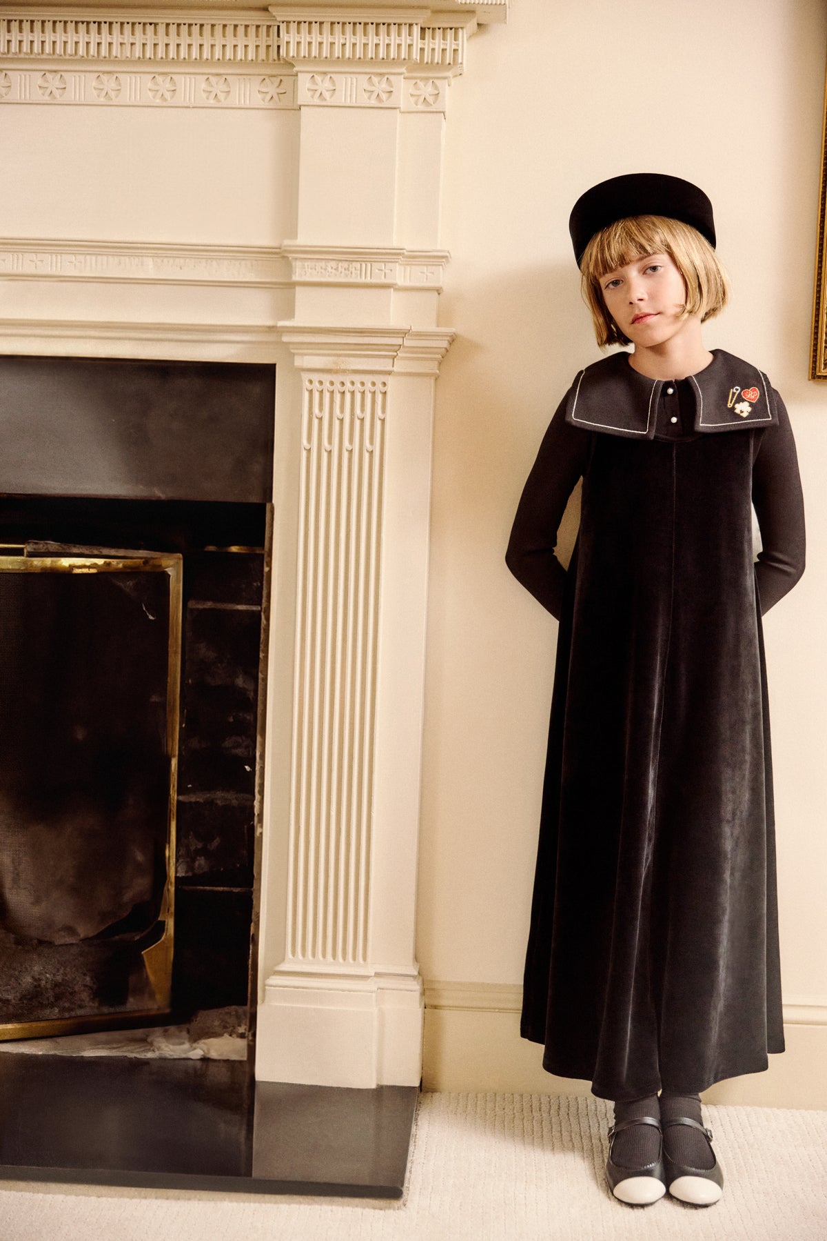Embroidered Collar Velour Maxi