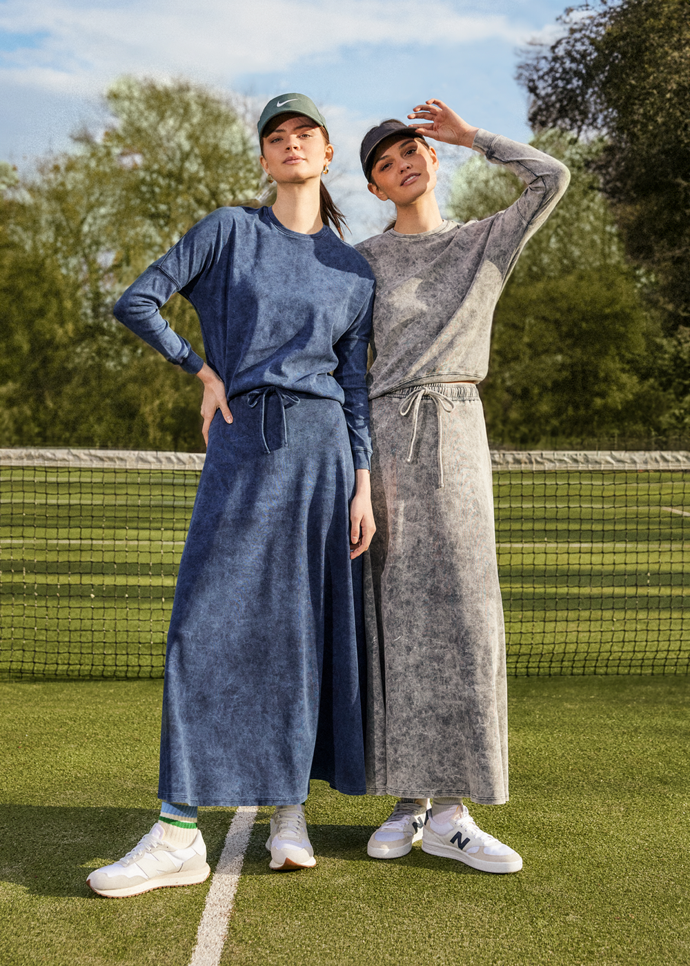 Models wearing the Washed Dolman Long Sleeve Tee in blue and grey.