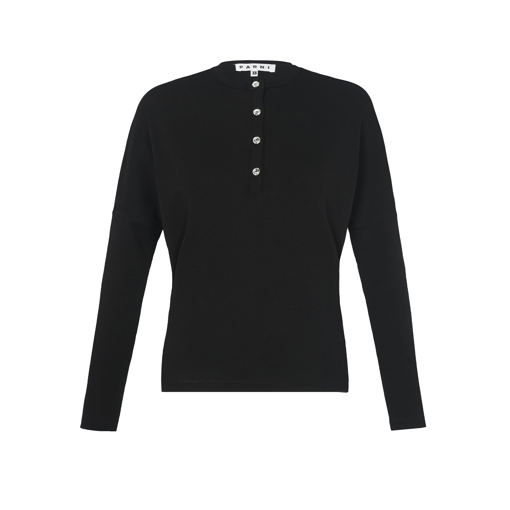 Rhinestone Henley Dolman Sleeve Top in Black
