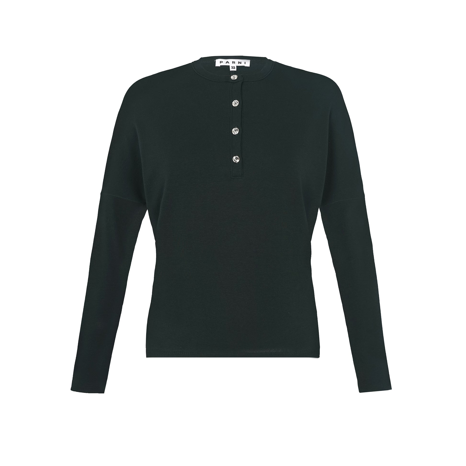 Rhinestone Henley Dolman Sleeve Top in Green.
