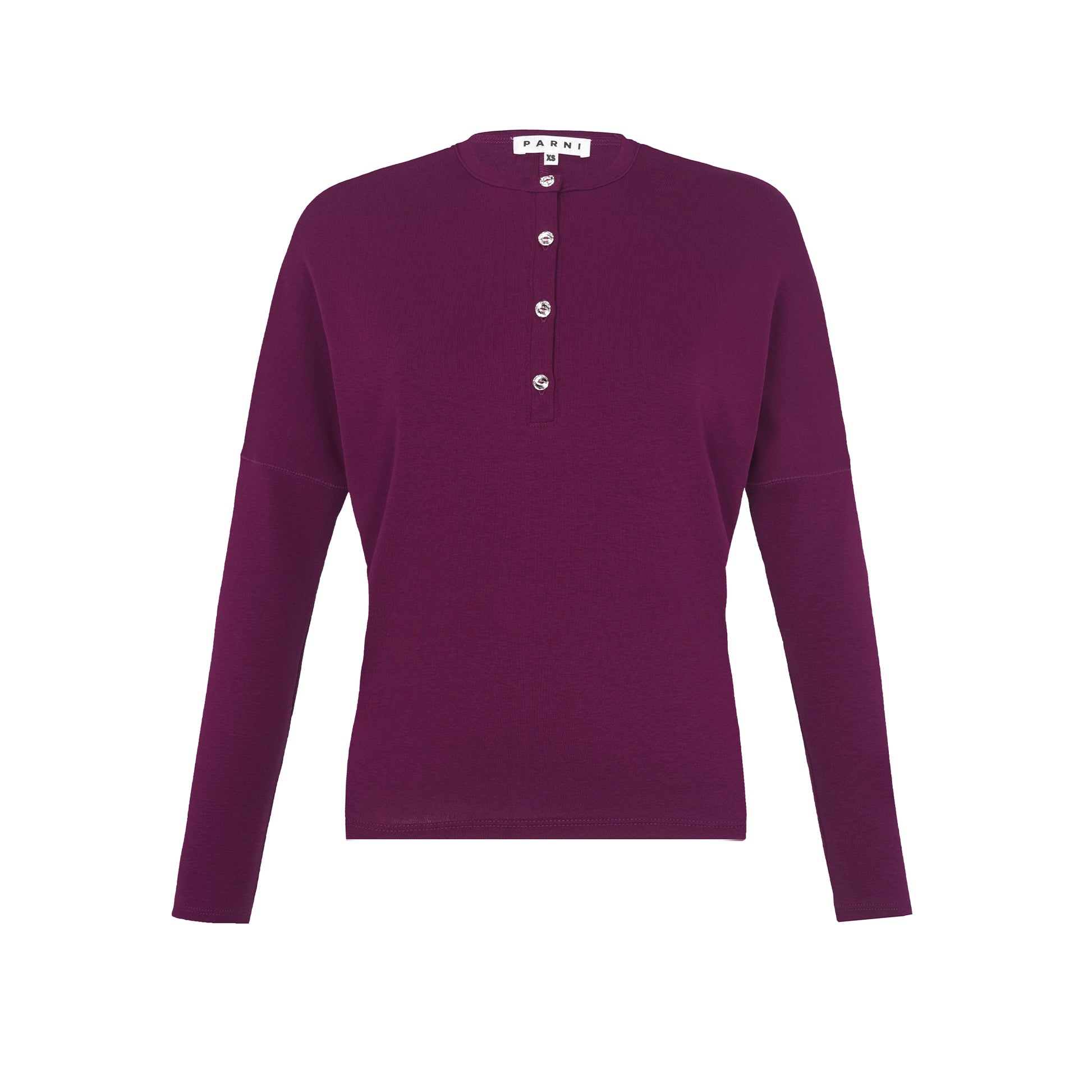 Rhinestone Henley Dolman Sleeve Top in Megenta.