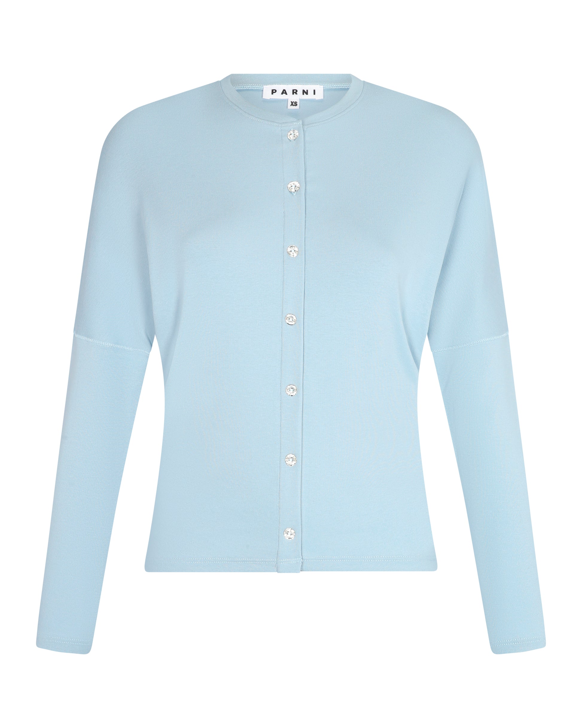 Rhinestone Mock Cardigan Dolman Light blue.