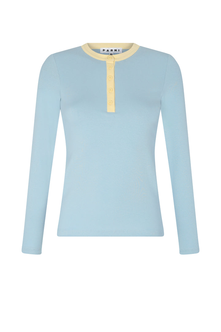 Light Blue Contrast Collar Henley Tee.