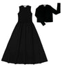 Black dress and black long-sleeve top on a white background
