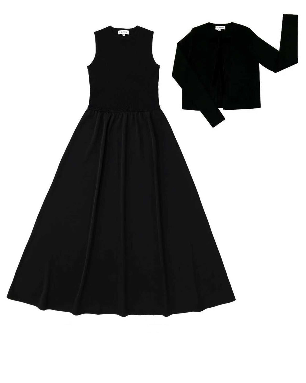 Black dress and black long-sleeve top on a white background