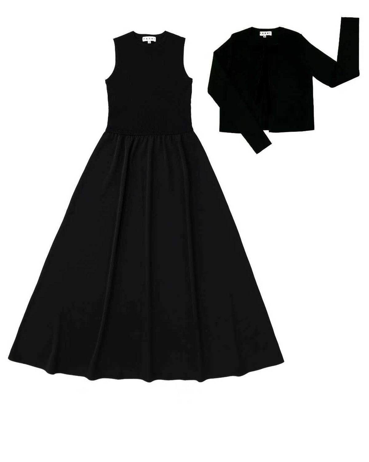 Black dress and black long-sleeve top on a white background