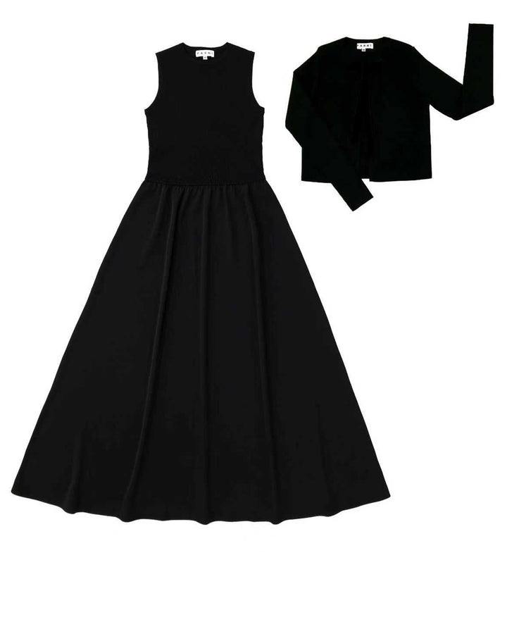 Black dress and black long-sleeve top on a white background
