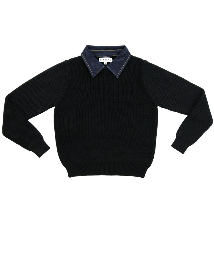 Black sweater with a blue collar on a white background