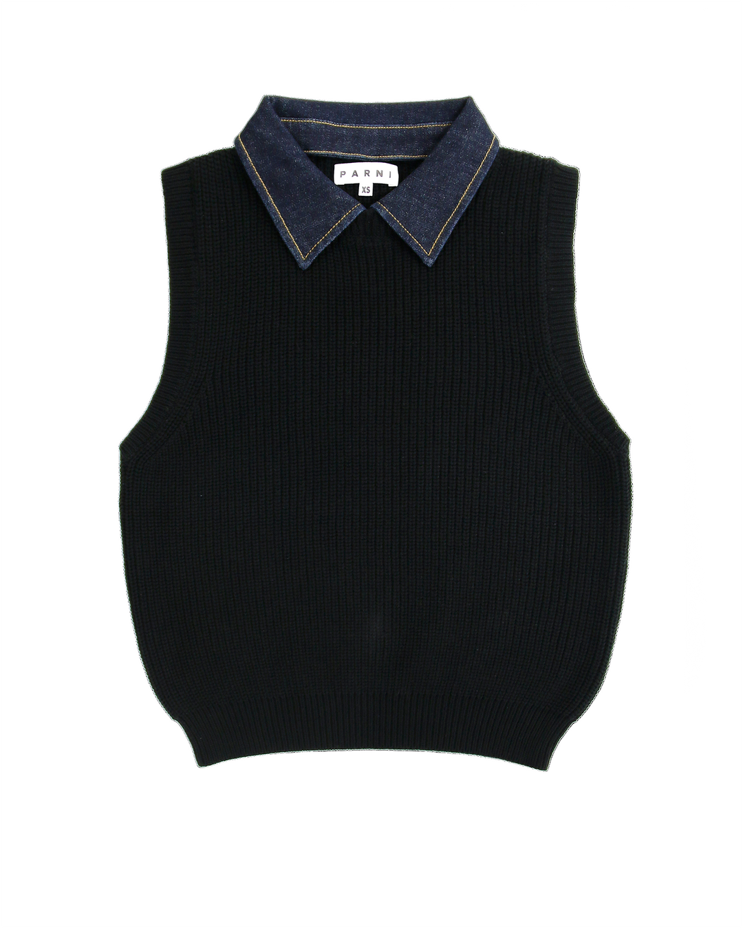 Black sleeveless sweater with denim collar on a white background