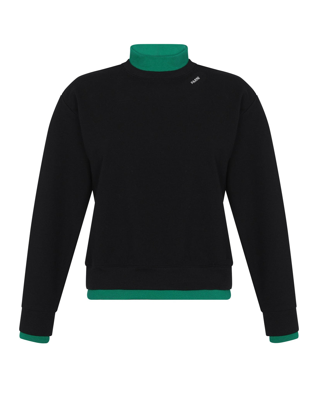 Black sweater with green trim on a white background