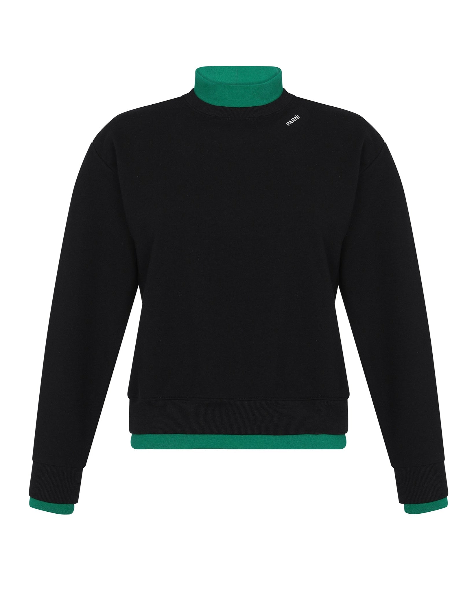 Black sweater with green trim on a white background