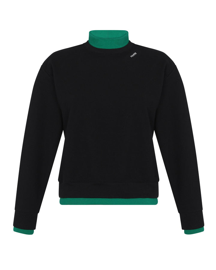 Black sweater with green trim on a white background