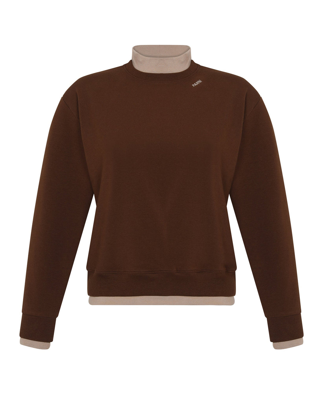 Brown sweatshirt with beige collar on a white background