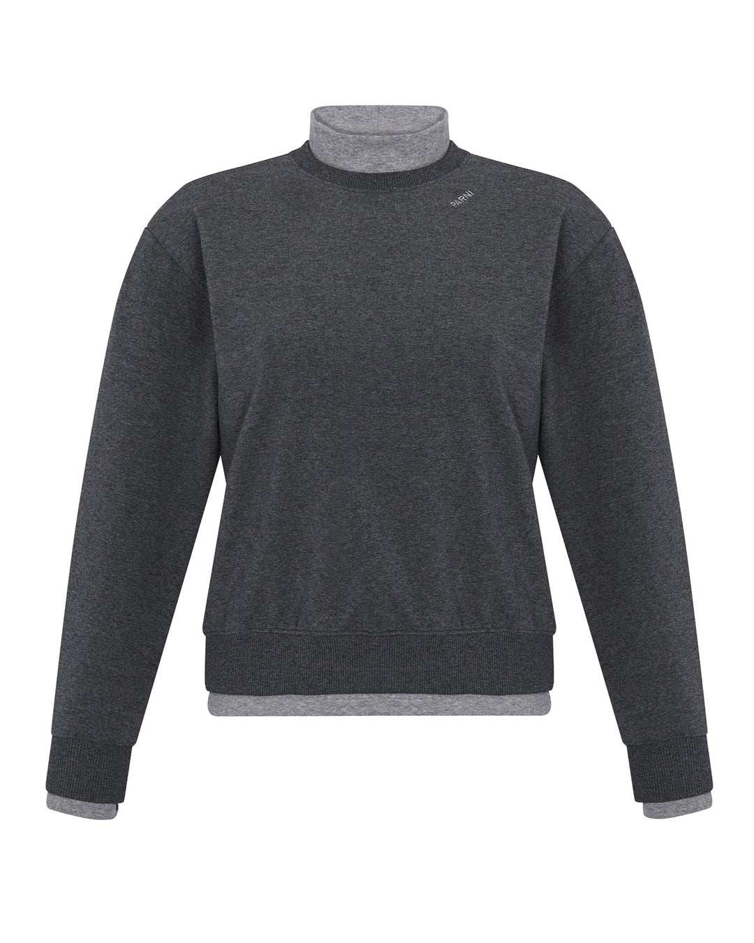 Dark gray sweater with a lighter gray collar on a white background