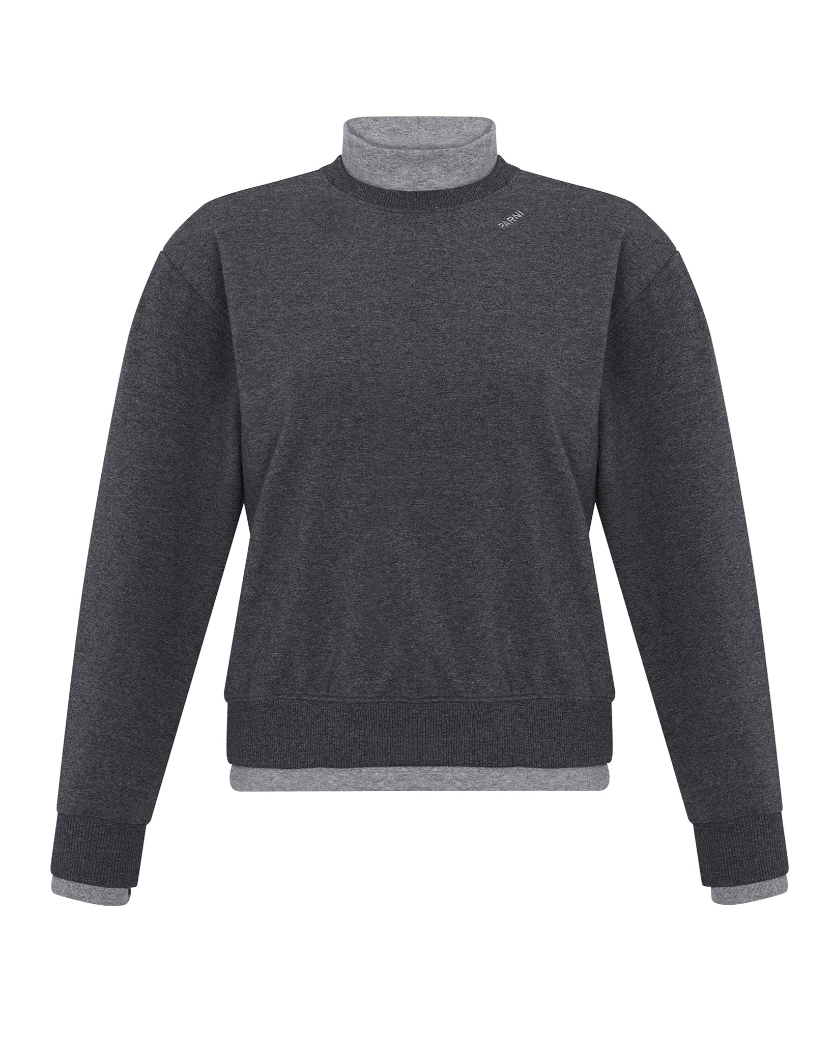 Dark gray sweater with a lighter gray collar on a white background