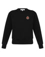 Black sweatshirt with a logo on the chest against a white background