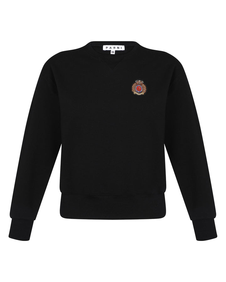 Black sweatshirt with a logo on the chest against a white background