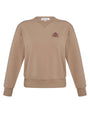 Camel color sweatshirt with emblem on white background.