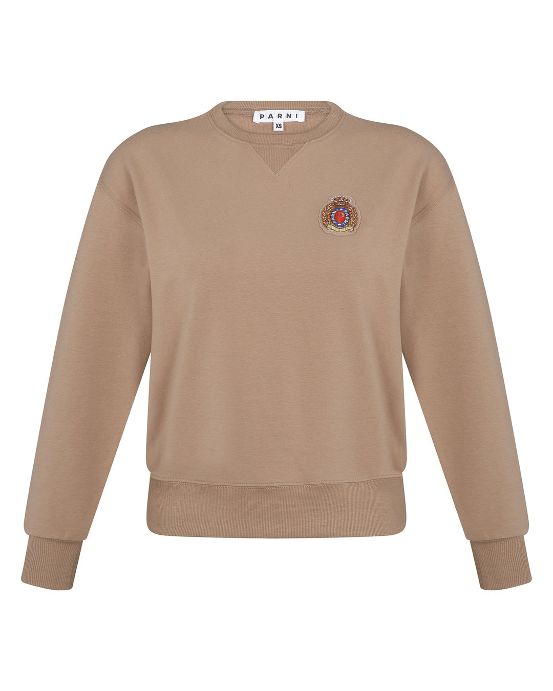 Camel color sweatshirt with emblem on white background.