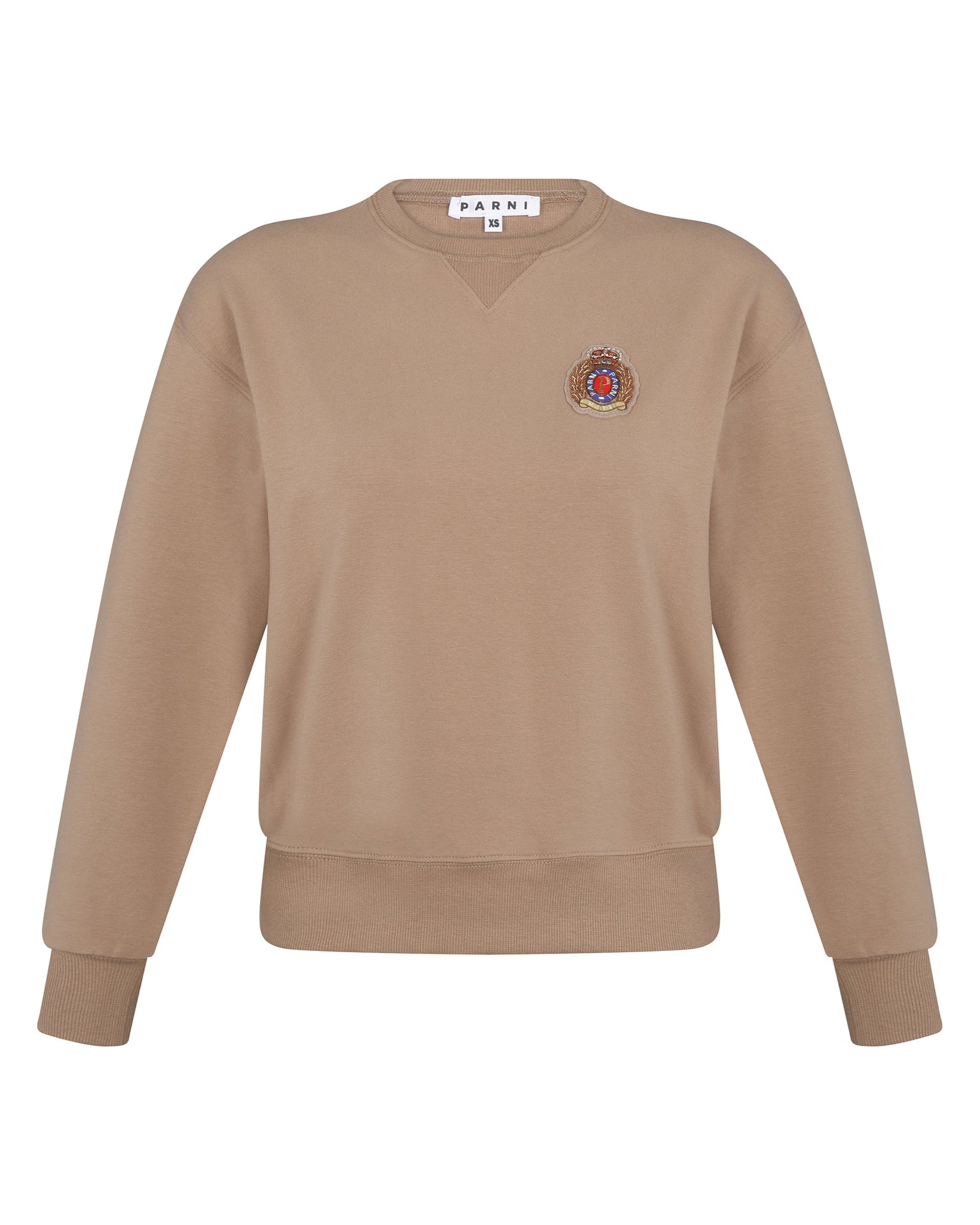 Camel color sweatshirt with emblem on white background.