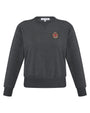 Dark gray sweater with a logo on the chest against a white background